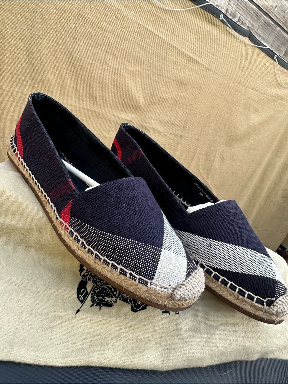 Burberry Navy, White & Red Plaid Espadrille Flats